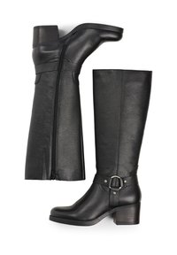 Bottes en cuir noires montant jusqu'au genou avec fermeture éclair latérale, sangle décorative, détail en anneau métallique et talons carrés, vues de côté et de dessous.