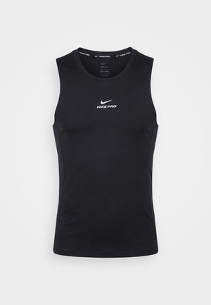 Czarna sportowa koszulka bez rękawów Nike Pro z białym logo i napisem na piersi, zaprojektowana dla wydajności i komfortu.