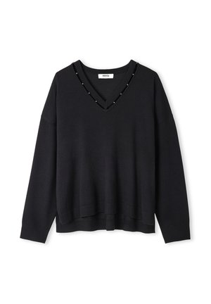Pull noir en V avec un ourlet à côtes et une coupe oversized. Décoré de petites rivets le long de l'encolure. Fabriqué en matériau tricot doux.