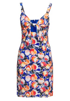 Sleeveless dress with blue background and orange fruit pattern, featuring a front bow and a small slit on the side.