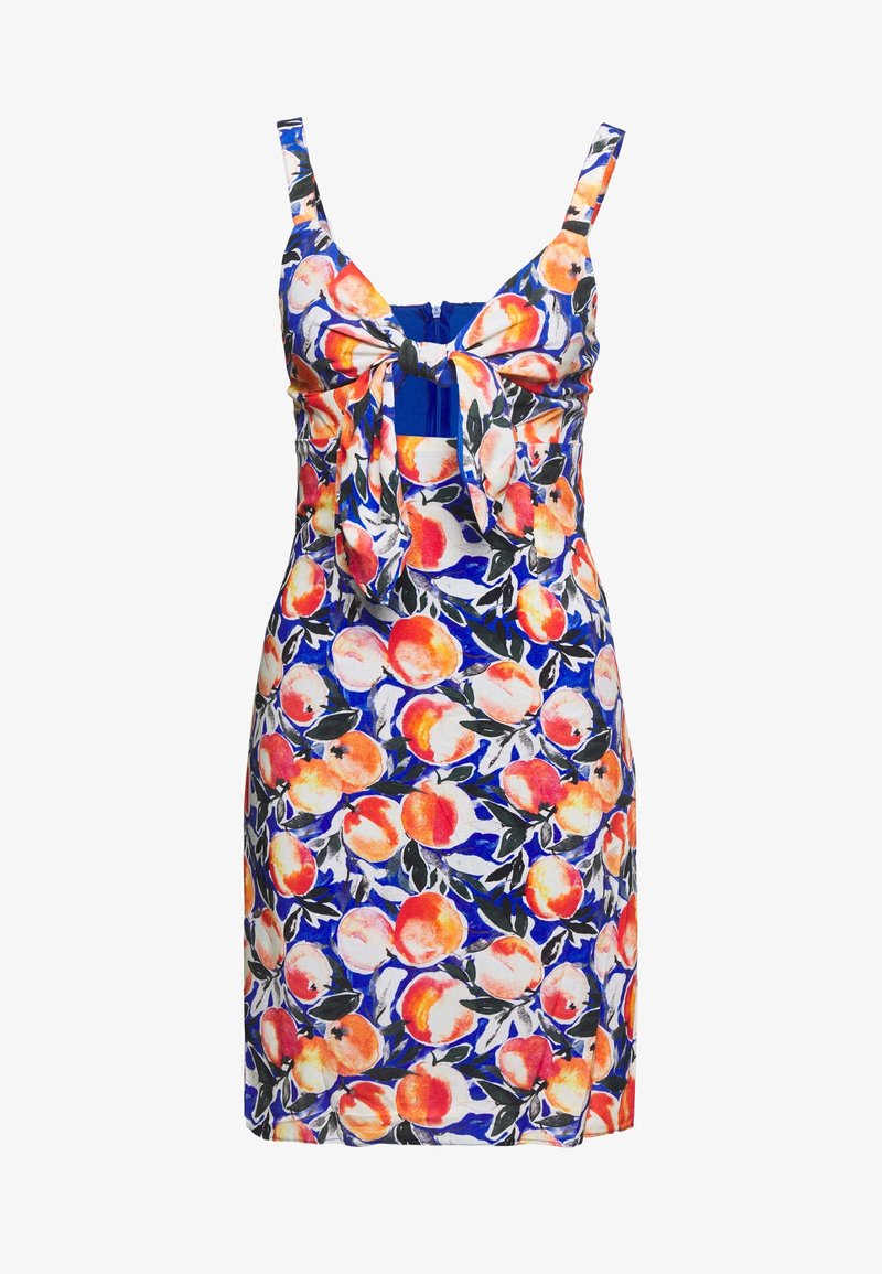 Robe sans manches avec fond bleu et motif fruits oranges, avec un nœud devant et une petite fente sur le côté.