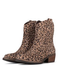 Bottes de cowboy à imprimé léopard en tan et noir, fabriquées en daim. Elles présentent des coutures décoratives et un petit talon en bois. Design à bout rond.