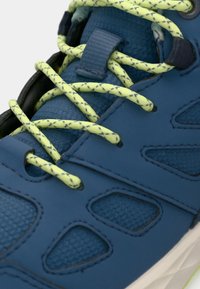 Pantofii sport de culoare albastră au o suprafață texturată, șireturi verzi strălucitoare cu accente negre și decupaje din plasă pentru ventilație.