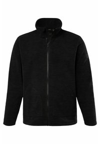 Chaqueta de forro polar negra con cremallera, cuello alto, dos grandes bolsillos laterales y un tejido texturizado para mantener el calor. Presenta un discreto logo de la marca en la manga.