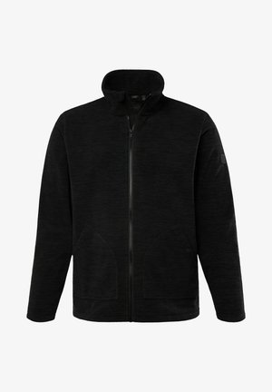 Giacca in fleece nera con zip e colletto alto, due grandi tasche laterali e un tessuto testurizzato per il calore. Presenta un sottile logo del marchio sulla manica.