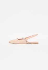 Pointed-toe slingback flats in soft pink leather, featuring a decorative strap with metallic studs and a low wooden sole.
