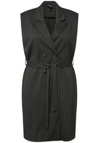 Grau gestreiftes ärmelloses Blazer-Kleid mit Reverskragen, doppelter Knopfleiste, tailliertem Gürtel und strukturiertem Stoff.