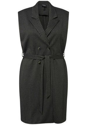 Grijs gestreepte mouwloze blazerjurk met een reverskraag, dubbelzijdige voorkant, ceintuur in de taille en een gestructureerde stof.