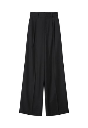 Pantalones de pierna ancha negros con una cintura alta, que presentan pliegues en la parte delantera, una textura suave y un diseño a medida. Sin bolsillos visibles ni adornos.