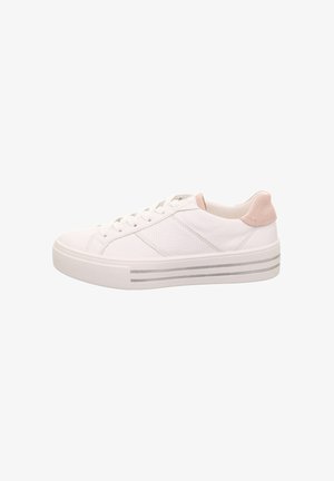 White low-top sneaker with lace-up front, perforated side panel, light pink suede heel tab, and striped rubber sole.