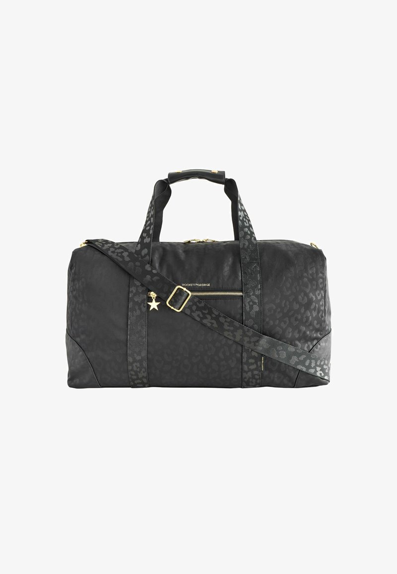 Černá taška přes rameno s leopardím vzorem, hladký povrch, zlaté kování, dvojité rukojeti a nastavitelný popruh. Obsahuje přední kapsu na zip.