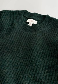 Dunkelgrüner gerippter Strickpullover mit Rundhalsausschnitt und strukturiertem Stoff. Etikett zeigt "NEXT SIGNATURE" und Größe M.