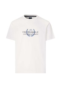 Weißes Kurzarm-T-Shirt mit Rundhalsausschnitt und blauem Universitätswappen sowie dem Text "FACONNABLE UNIVERSITY CAMPUS 1950" auf der Vorderseite in der Mitte.
