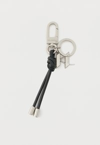 Black leather keychain with knotted design, silver-toned metal hardware, featuring a clip and circular keyring with logo detail.