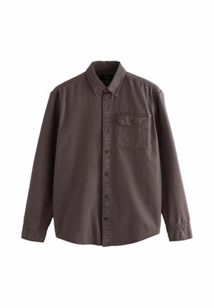 Dunkelgraues Langarmhemd mit Knopfleiste aus weichem Stoff, mit Kragen, Brusttasche und abgerundetem Saum. Schwarze Knöpfe entlang der Knopfleiste.