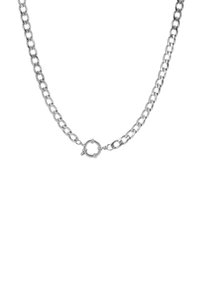 Collana in argento con grandi anelli ovali, dotata di una chiusura a moschettone circolare. Texture liscia e finitura lucida.