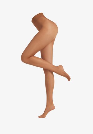 Nude-feine Strumpfhosen mit glatter Textur, ausgestattet mit einem verstärkten Bund und in einem natürlichen Hautton. Ein Bein ist angewinkelt, wobei der Fuß sichtbar ist.