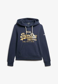 Marineblauwe hoodie met een gouden "Real SuperDry" logo, witte trekkoorden, een voorzak met kangoeroe en ribgebreide manchetten en onderrand.