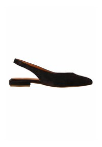 Zwarte suède slingback schoen met een platte hak, spitse neus en minimalistisch ontwerp. Beschikt over een elegante silhoët en een verstelbare band.