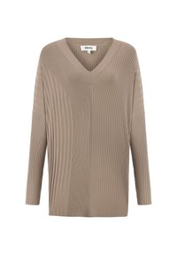 Pull en tricot côtelé beige avec un décolleté en V, des manches longues et des côtes horizontales variées. La texture douce et la coupe décontractée améliorent le confort.