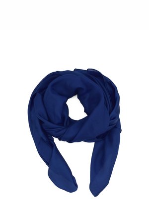 Scarf blu navy realizzato in tessuto leggero, con una texture morbida e un design fluido, modellato a ciambella con estremità sciolte.