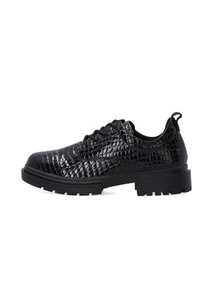 Black leather lace-up shoes with a glossy, textured crocodile pattern, featuring a thick rubber sole and a pull tab at the heel.
