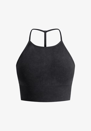 Soutien-gorge de sport noir avec une texture lisse, design dos nageur et bande inférieure côtelée. Le matériau semble doux et extensible, adapté à des vêtements de sport.