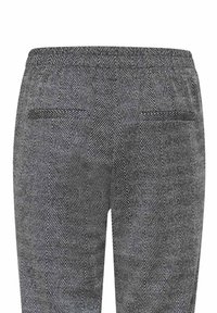 Grau-karierter Hosen mit einem elastischen Bund, ausgestattet mit Gesäßtaschen und einem strukturierten Stoff.