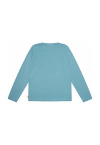 Langsleeve lichtblauw shirt van zachte katoen. Heeft een ronde hals en een klein multicolored label op de linksonderkant.