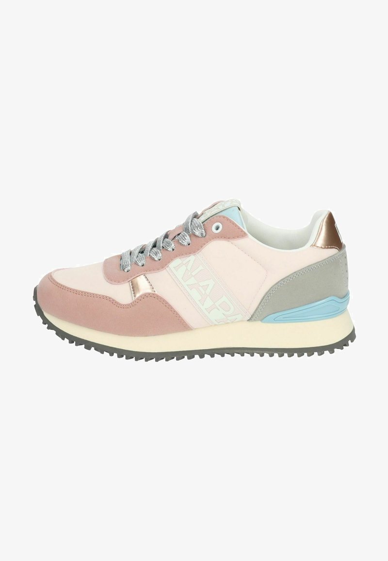 Sneakers con una combinazione di colori rosa e grigio. Presentano morbida pelle scamosciata e materiali sintetici lisci, design con lacci e una suola in gomma resistente.