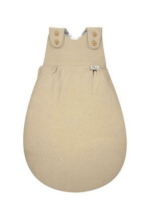 Beiger Baumwoll-Schlafsack mit runder Form, strukturiertem Stoff, zwei Druckknopfverschlüssen und einem dezenten Etikett auf der Vorderseite.