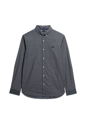 Camisa de manga larga abotonada en gris oscuro con una tela texturizada. Presenta un cuello clásico, botones en la parte delantera y un pequeño logo en el pecho.