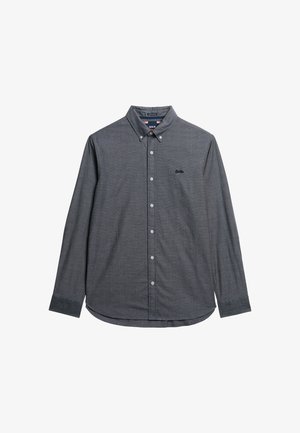 Long-sleeve button-up shirt in dark gray with a textured fabric. Features a classic collar, front buttons, and a small logo on the chest.