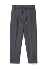 Tmavě šedé tapered kalhoty s záhyby, manžetami, bočními kapsami, poutky na pásek a předním stahováním pomocí šňůrky s kovovými konci.