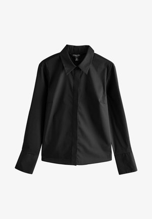 Black long-sleeve shirt made of smooth fabric with a pointed collar, button-down front, and straight cuffs. Minimalist design, no visible patterns.