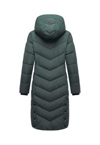 Cappotto imbottito verde scuro con motivo a zigzag, cappuccio e chiusura a pressione lungo l'orlo e i polsi; isolato per garantire calore.