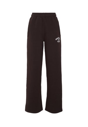 Zwarte joggingbroek van zacht materiaal, met een elastische tailleband, zijknopers en een witte gedrukte logo op het linkerdij.