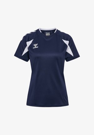 Dunkelblaues Sportshirt mit kurzen Ärmeln, weißen Schulterstreifen und dem hummel-Logo auf der Brust, hergestellt aus atmungsaktivem Stoff.