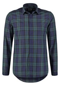 Långärmad rutiga skjorta med mörkgrön och marinblå färg, tillverkad av slät tyg med krage som kan knäppas ner och rundad nederkant.