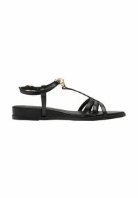 Black leather flat sandals with multiple slender straps, ankle buckle, and a low wedge sole. Features gold-tone hardware accents.