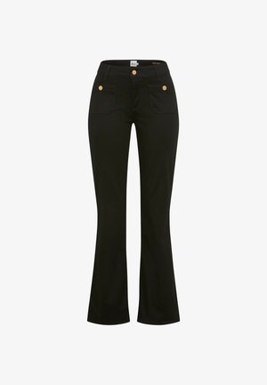 Black flared trousers with a smooth texture, featuring two front pockets and gold-tone buttons. Mid-rise waist with belt loops.