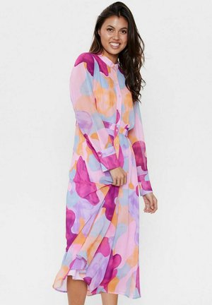 Long-sleeve, button-up dress in sheer fabric with a colorful abstract pattern of pink, purple, and orange hues. Flowing silhouette, mid-length.