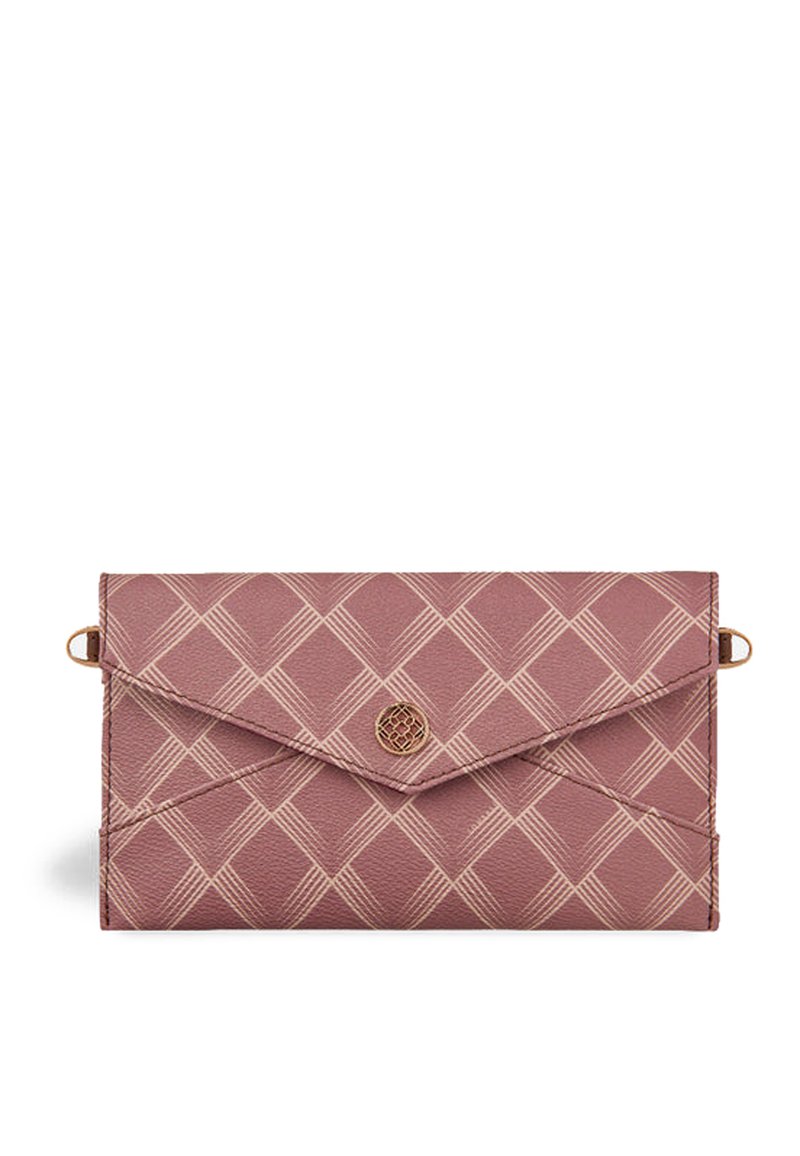 Portefeuille en cuir de style enveloppe en mauve avec un motif en losanges texturé et des材és en ton doré. Équipé d'une fermeture à pression pour la sécurité.