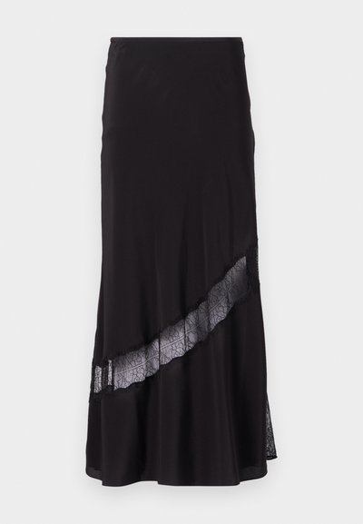 Svart kjol i ett mjukt tyg med en spetsinsats tvärsöver fållen. Utsvängd design med en subtil glans.