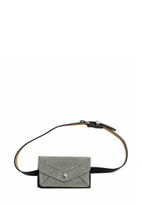 Belt bag with a rectangular shape, featuring a silver rhinestone exterior, black leather accents, and an adjustable strap for wear.