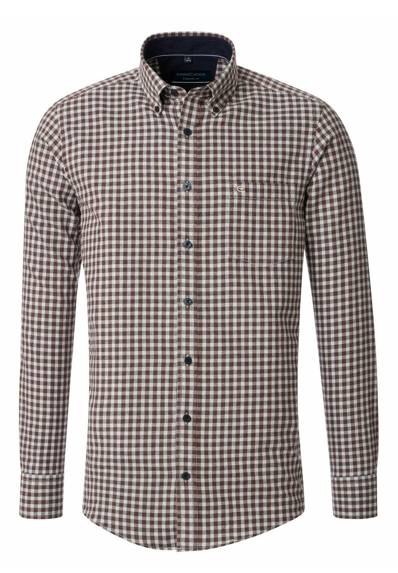 Braun-weiß kariertes Hemd mit langen Ärmeln, Kragen, einer einzigen Brusttasche und dunklen Knöpfen. Baumwollmaterial mit glatter Textur.