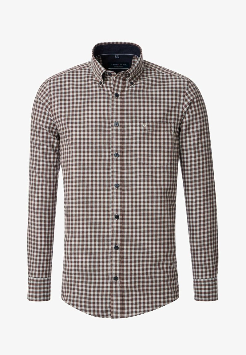 Braun-weiß kariertes Hemd mit langen Ärmeln, Kragen, einer einzigen Brusttasche und dunklen Knöpfen. Baumwollmaterial mit glatter Textur.