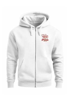 Weiße Zip-Hoodie aus weichem Baumwollmischgewebe, mit einer Fronttasche und einem roten pizza-inspirierten Grafikdesign auf der linken Brust.