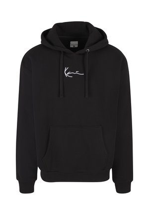 Schwarze Kapuzenjacke aus weichem Stoff, mit einer Fronttasche, Zugbändern und einem weißen, gestickten Logo auf der Brust. Normale Passform.