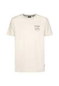 Bomulds T-shirt i cremefarvet med rund hals, der har en grå trykt grafik af en motorcykel og mærkenavnet på venstre brystområde.